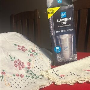 Vintage bundle, Ball Aluminum Cups, 2 embroidered dressers scarves